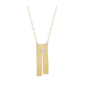 14K Gold Hammered Bar Pendant Necklace with Cubic Zirconia Stone